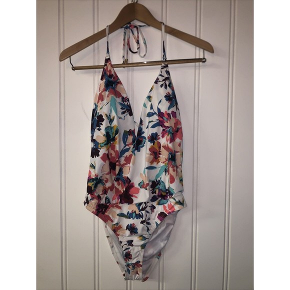 Bar III Floral Printed Plunging-Neckline Cheeky One-Piece Swimsuit Size Medium - Picture 3 of 4